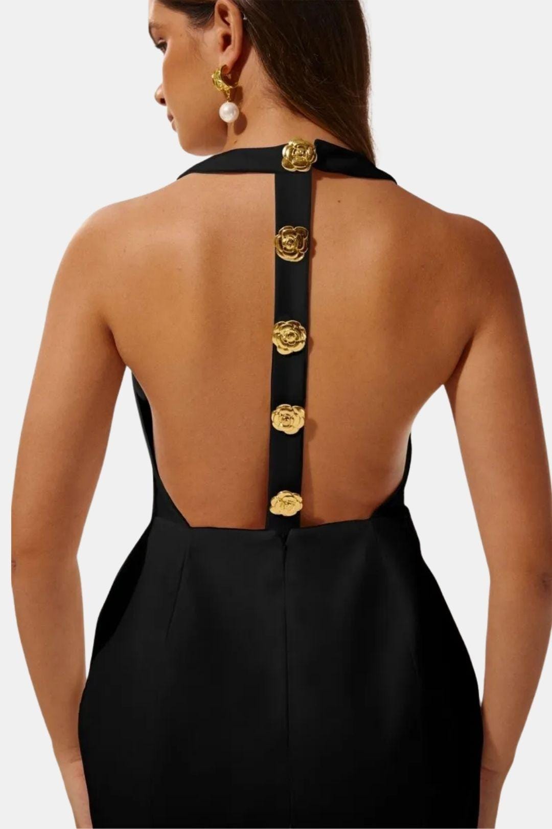Marion - Robe dos nu Femme Sexy Moulante avec Col Halter et Boutons Dorés