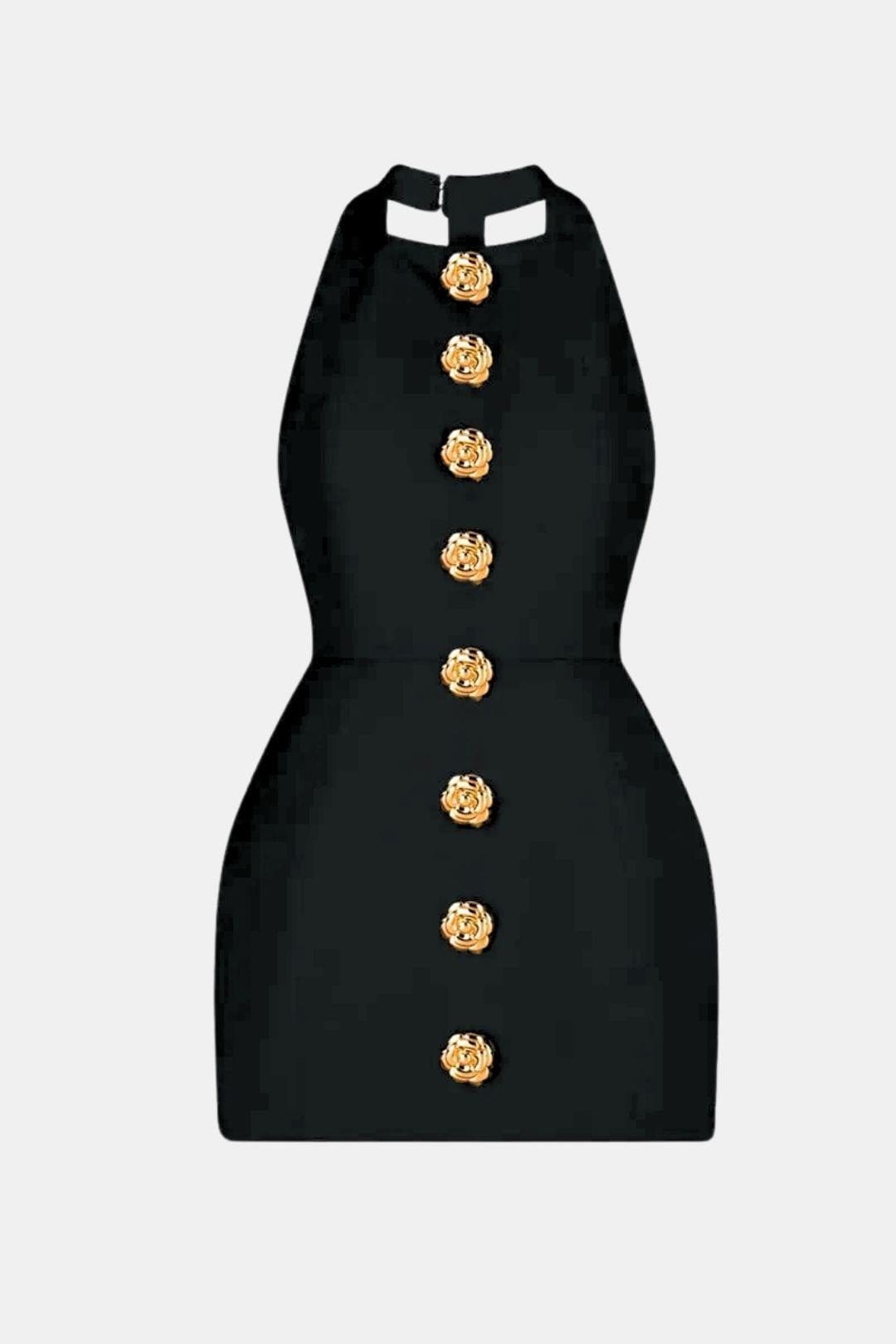 Marion - Robe dos nu Femme Sexy Moulante avec Col Halter et Boutons Dorés