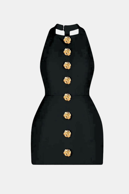 Marion - Robe dos nu Femme Sexy Moulante avec Col Halter et Boutons Dorés