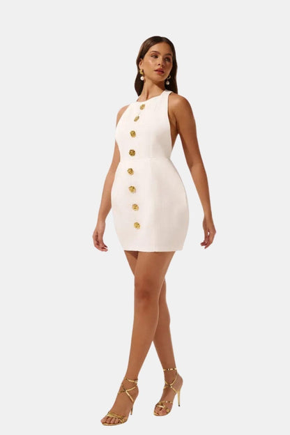 Marion - Robe dos nu Femme Sexy Moulante avec Col Halter et Boutons Dorés