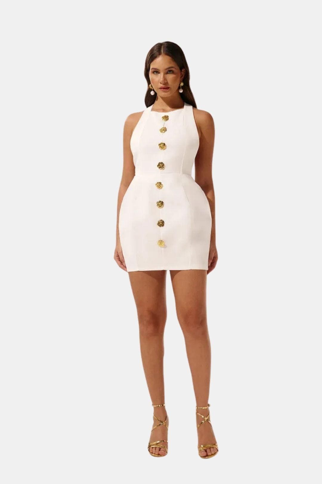Marion - Robe dos nu Femme Sexy Moulante avec Col Halter et Boutons Dorés