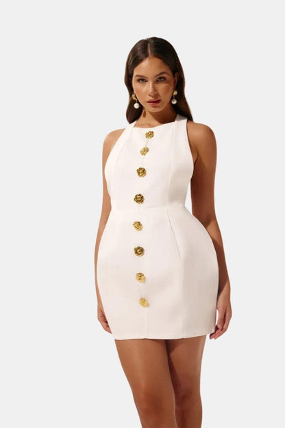 Marion - Robe dos nu Femme Sexy Moulante avec Col Halter et Boutons Dorés