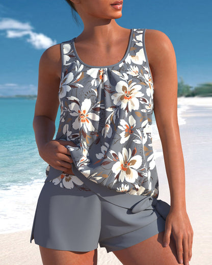 Mathilde - Maillot de Bain Femme Deux Pièces Chic avec Tankini Fleuri et Short Coordonné