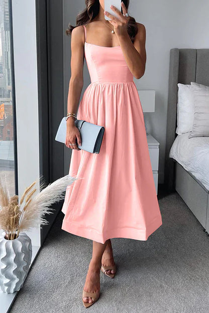 Mathilde - Robe Invitée Mariage Femme Midi à Bretelles Fines Jupe Évasée et Taille Froncée Chic