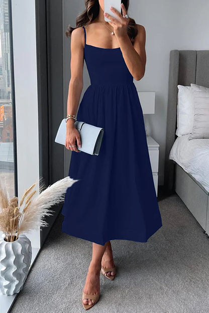 Mathilde - Robe Invitée Mariage Femme Midi à Bretelles Fines Jupe Évasée et Taille Froncée Chic