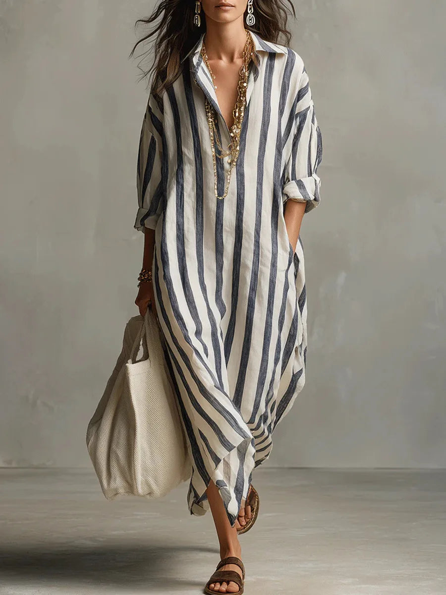 Mathilde - Robe en Lin Longue Bohème Femme avec Col Chemise et Rayures Verticales