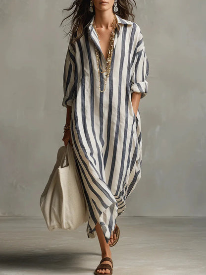 Mathilde - Robe en Lin Longue Bohème Femme avec Col Chemise et Rayures Verticales