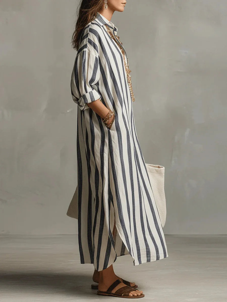 Mathilde - Robe en Lin Longue Bohème Femme avec Col Chemise et Rayures Verticales