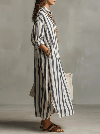 Mathilde - Robe en Lin Longue Bohème Femme avec Col Chemise et Rayures Verticales