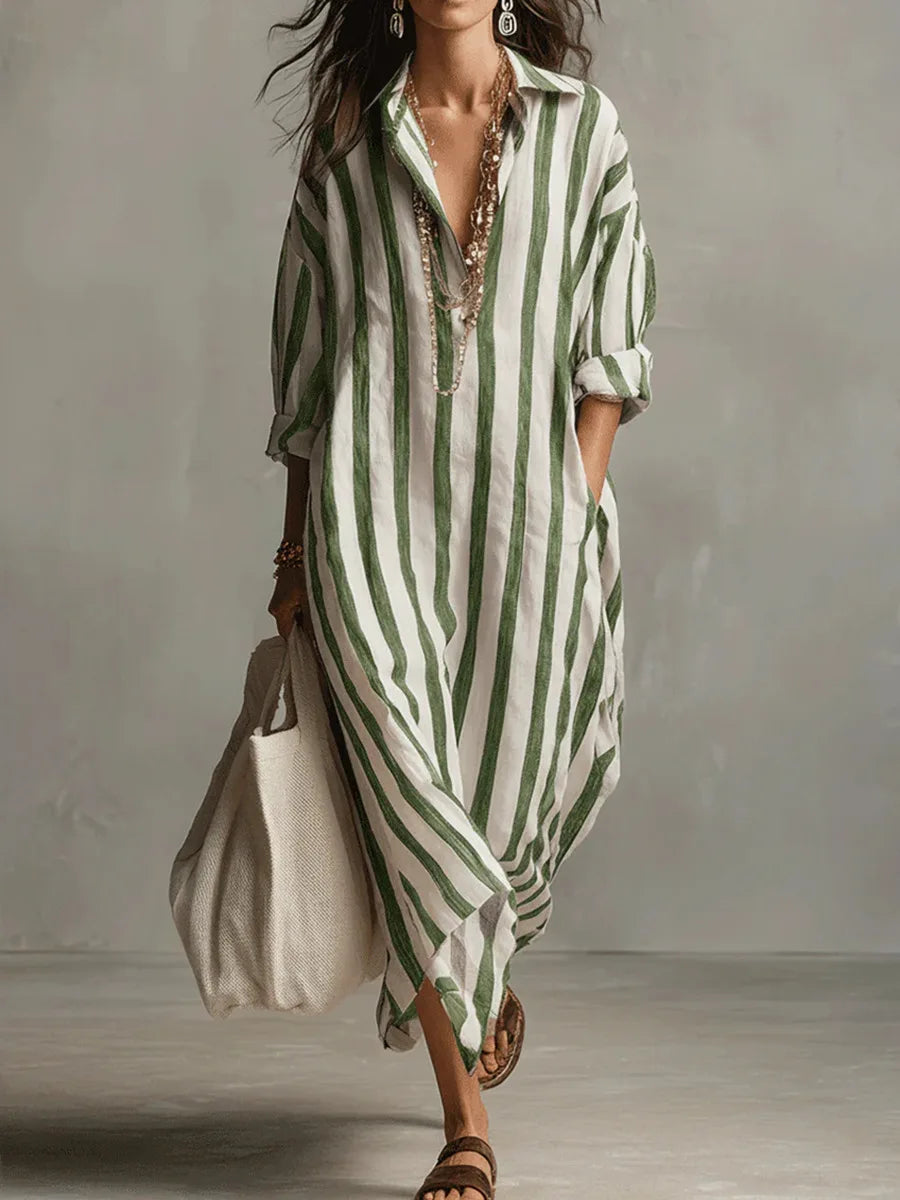 Mathilde - Robe en Lin Longue Bohème Femme avec Col Chemise et Rayures Verticales