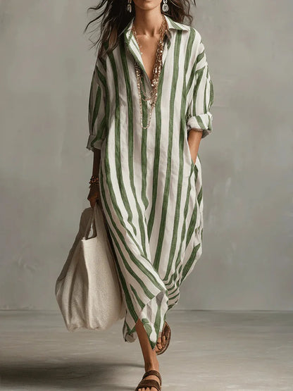 Mathilde - Robe en Lin Longue Bohème Femme avec Col Chemise et Rayures Verticales