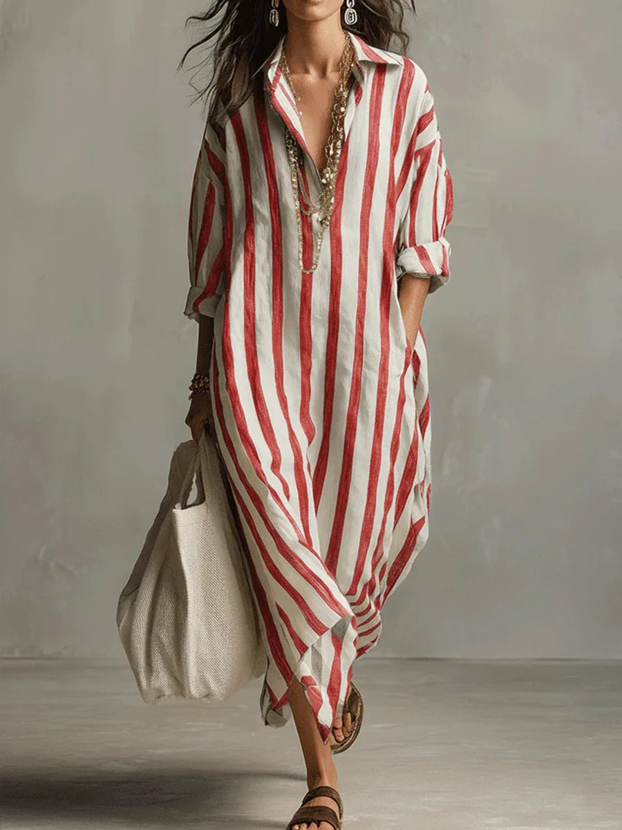 Mathilde - Robe en Lin Longue Bohème Femme avec Col Chemise et Rayures Verticales