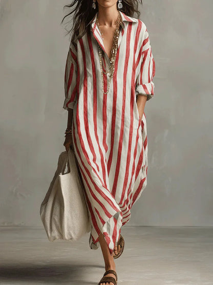 Mathilde - Robe en Lin Longue Bohème Femme avec Col Chemise et Rayures Verticales