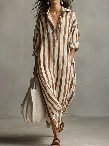 Mathilde - Robe en Lin Longue Bohème Femme avec Col Chemise et Rayures Verticales