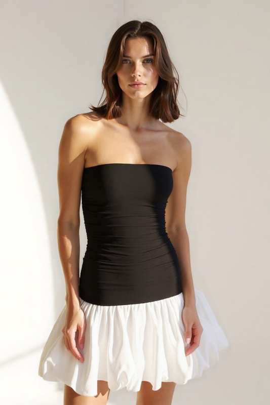 Robe Mini Femme | Bustier Bandeau Noir | Jupe Boule Blanche