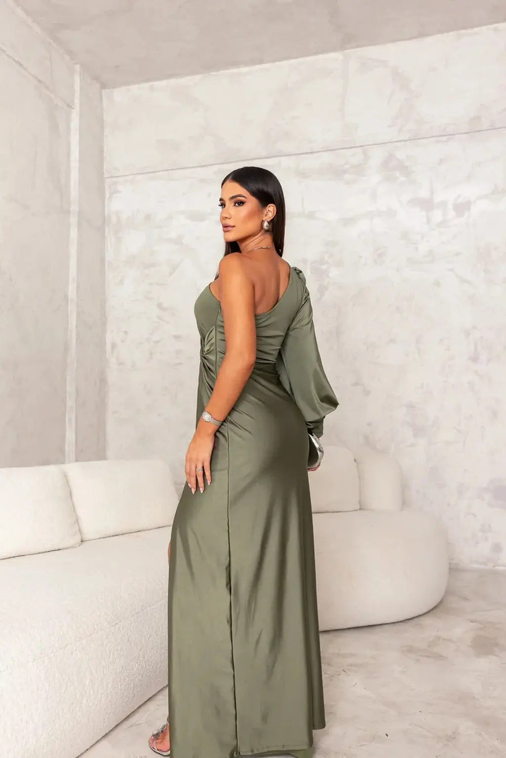 Nathalie - Robe Mariage Invitée Maxi Femme Élégante avec Une Épaule Longue et Torsade à la Taille