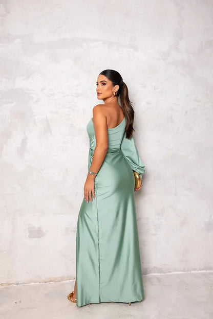 Nathalie - Robe Mariage Invitée Maxi Femme Élégante avec Une Épaule Longue et Torsade à la Taille