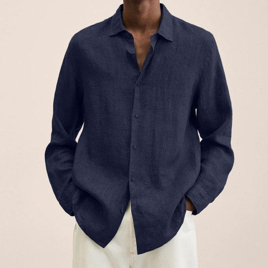 Lucas - Chemise en Lin Homme Classique avec Col Rabattu et Manches Longues