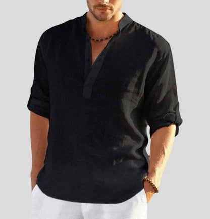 Nicolas - Chemise en Lin Homme Casual avec Col Mao et Manches Retroussables