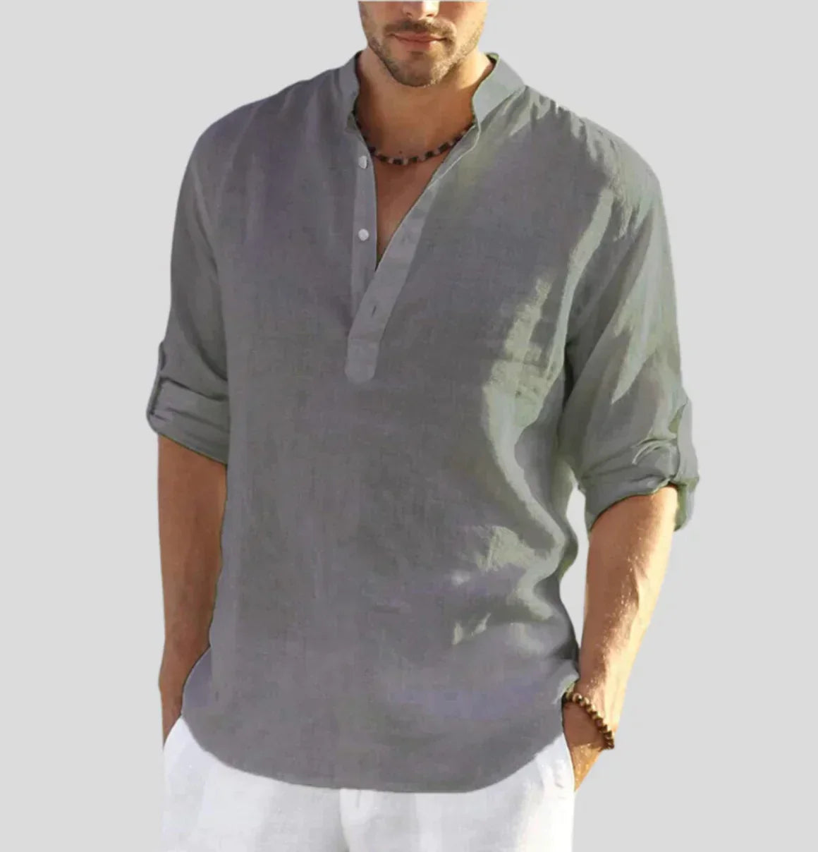 Nicolas - Chemise en Lin Homme Casual avec Col Mao et Manches Retroussables