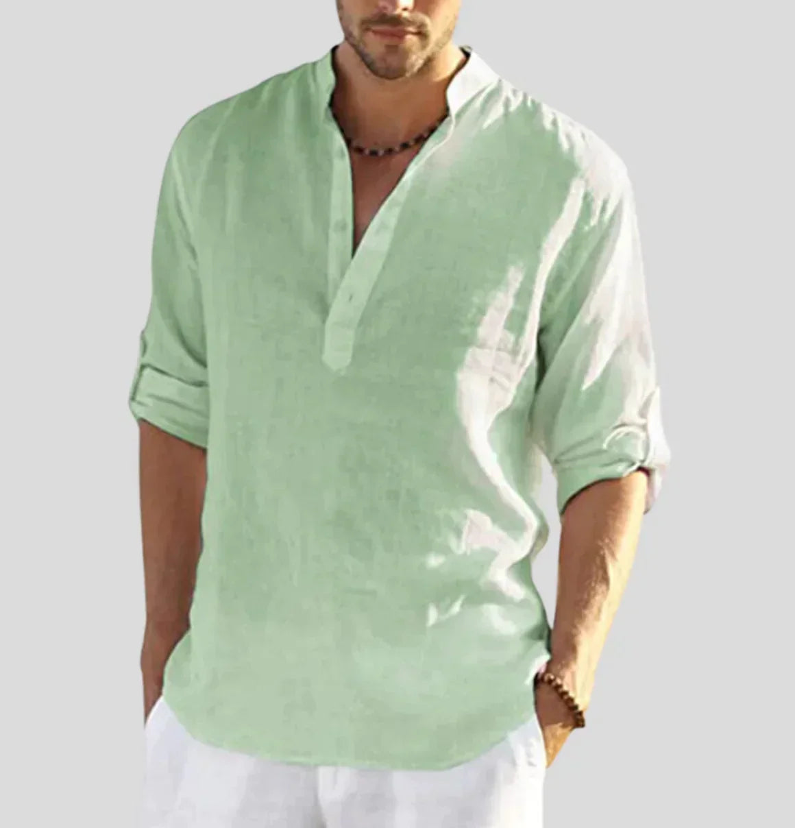 Nicolas - Chemise en Lin Homme Casual avec Col Mao et Manches Retroussables
