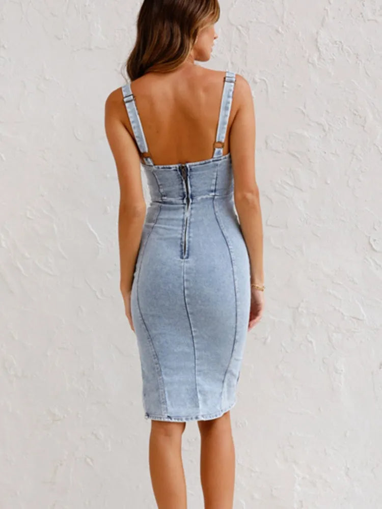 Noémie - Robe Midi d'Été Femme Moulante à Bretelles Larges avec Fente et Buste Corset Tendance