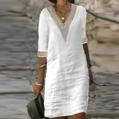 Noémie - Robe d'Été Bohème Femme avec Col en V et Détails Crochet