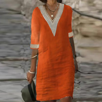 Noémie - Robe d'Été Bohème Femme avec Col en V et Détails Crochet