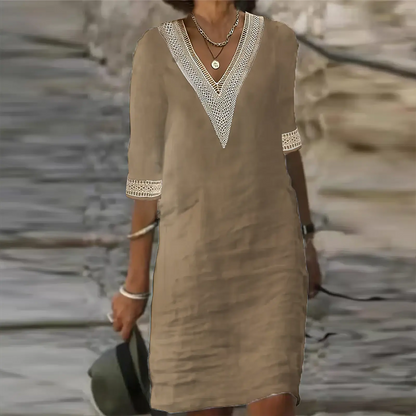 Noémie - Robe d'Été Bohème Femme avec Col en V et Détails Crochet