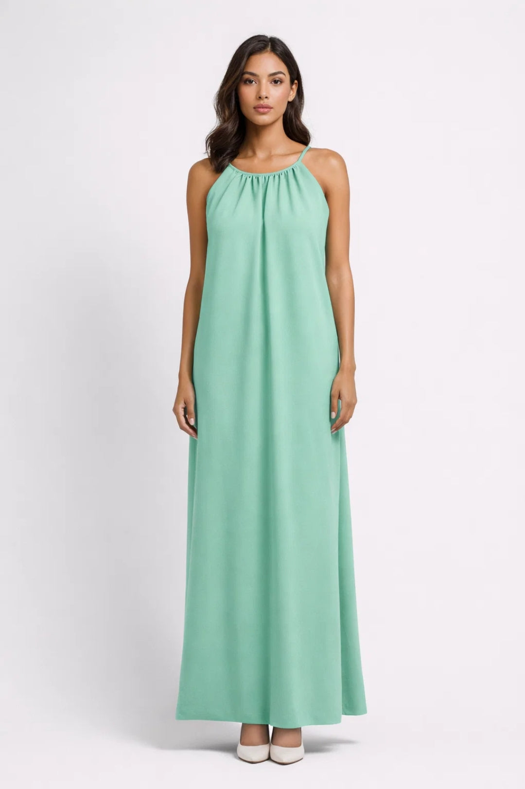 Robe Maxi Femme - Halter Col Rond Froncé Fluide | Élégante