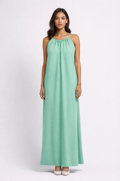 Robe Maxi Femme - Halter Col Rond Froncé Fluide | Élégante