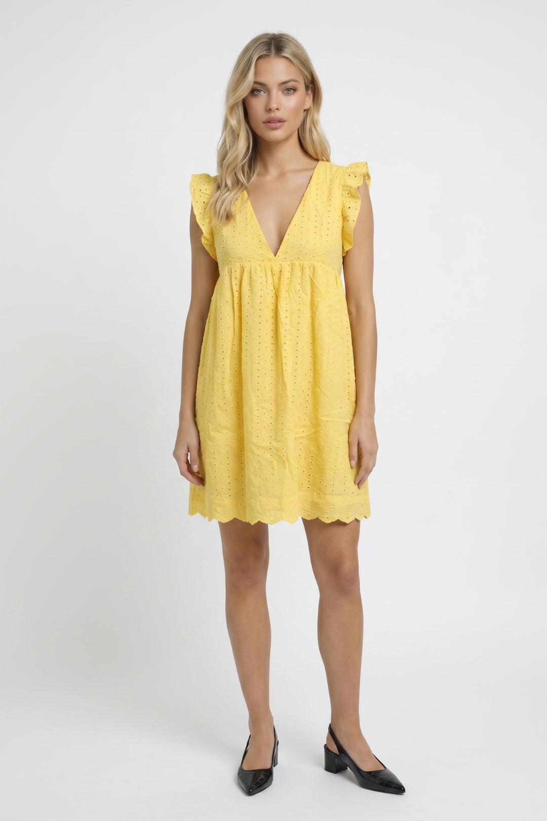 Robe Mini Femme - Broderie Anglaise avec Col V | Estivale