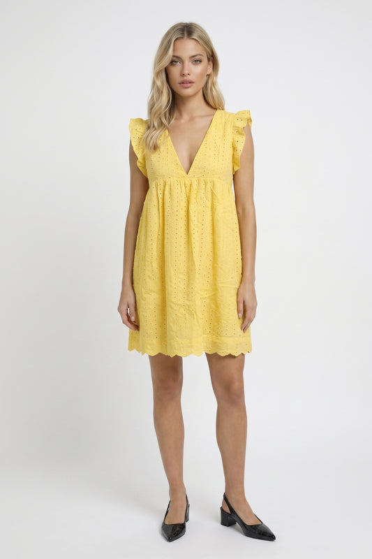 Robe Mini Femme - Broderie Anglaise avec Col V | Estivale