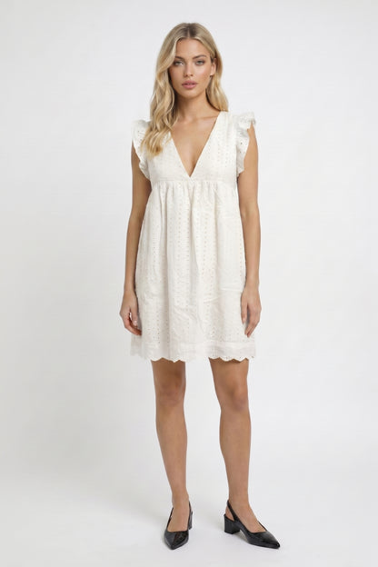 Robe Mini Femme - Broderie Anglaise avec Col V | Estivale