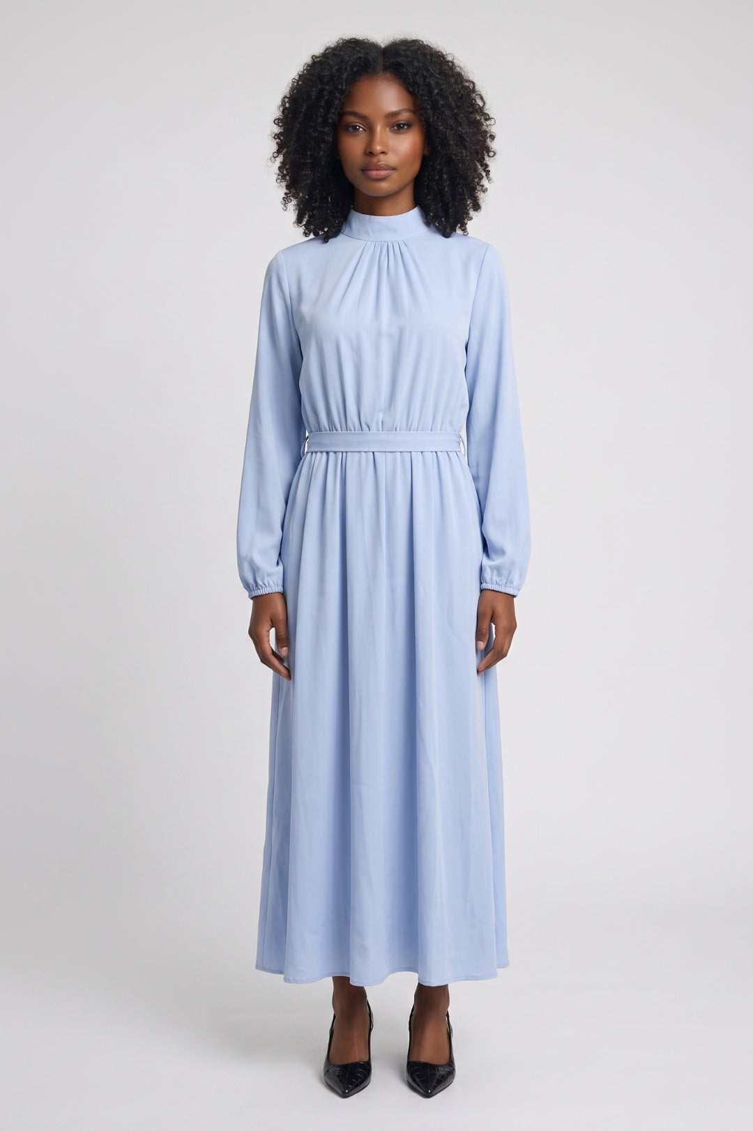 Robe Midi Femme - Col Montant Plissée Ceinturée | Élégante