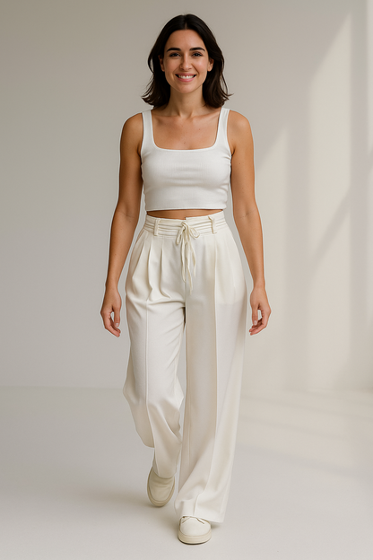 Pantalon Taille Haute Femme | Ceinture Liens | Ample et Élégant