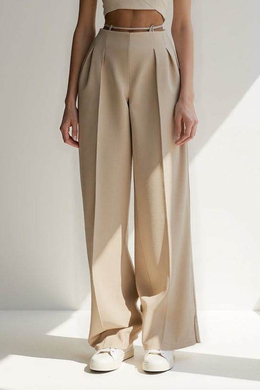 Pantalon Large Plissé | Taille Haute Chic | Bleu Marine et Beige