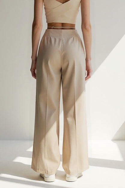 Pantalon Large Plissé | Taille Haute Chic | Bleu Marine et Beige