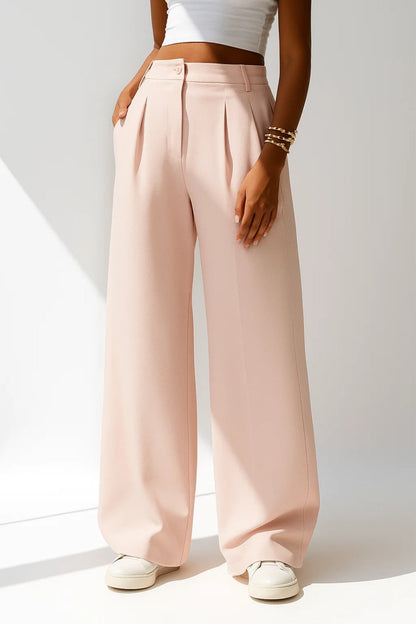 Pantalon Large Plissé | Taille Haute Élégante | Noir et Rose Poudré