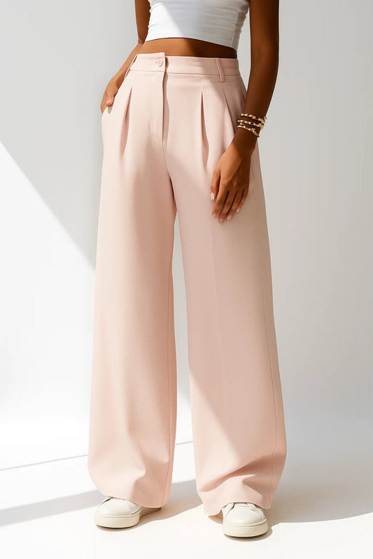 Pantalon Large Plissé | Taille Haute Élégante | Noir et Rose Poudré