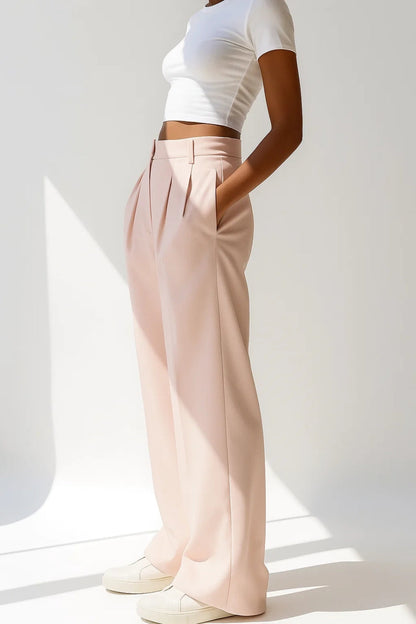Pantalon Large Plissé | Taille Haute Élégante | Noir et Rose Poudré
