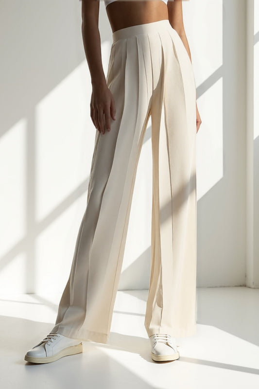 Pantalon Large Plissé | Taille Haute Élégante | Noir et Beige Clair