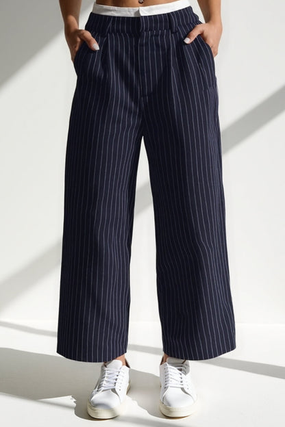 Pantalon Large à Rayures | Bleu Marine | Style Décontracté-Chic