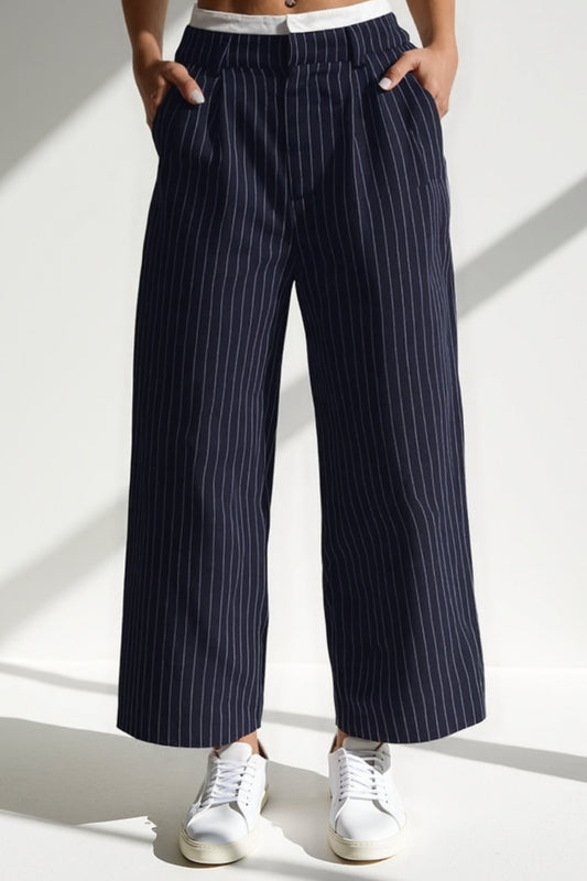 Pantalon Large à Rayures | Bleu Marine | Style Décontracté-Chic