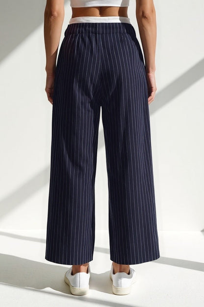Pantalon Large à Rayures | Bleu Marine | Style Décontracté-Chic