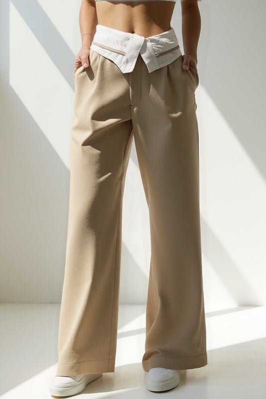 Pantalon Large Taille Haute | Détail Ceinture Contrastée | Gris et Beige