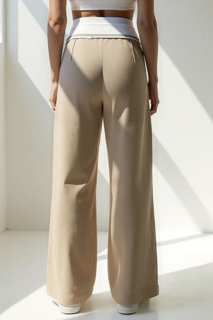 Pantalon Large Taille Haute | Détail Ceinture Contrastée | Gris et Beige