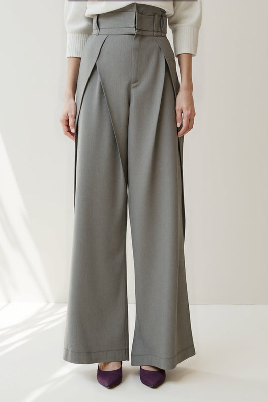 Pantalon Large Taille Haute | Gris Élégant | Coupe Structurée et Moderne