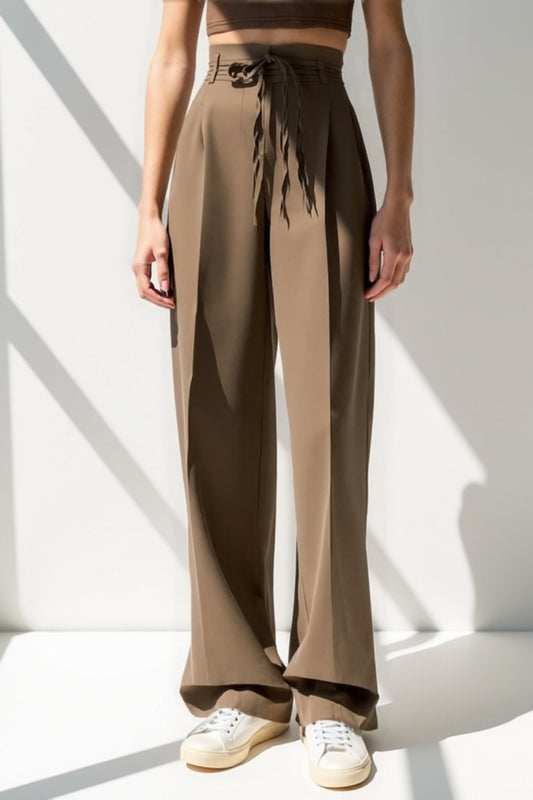 Pantalon Large Taille Haute | Marron Cacao | Élégant et Fluide