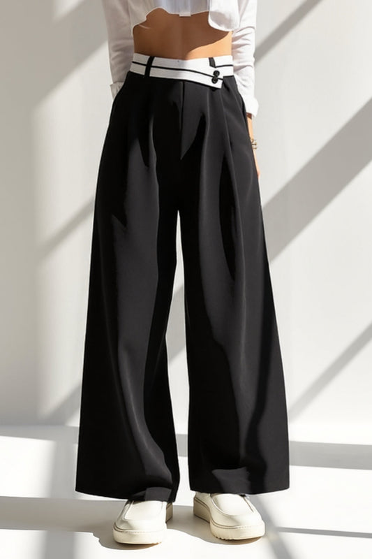 Pantalon Large Taille Haute | Noir avec Détail Contrastant | Style Audacieux et Élégant
